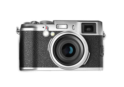 Modern camera isolated on white, top view