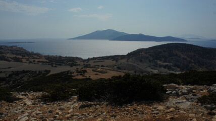 view from the top of mountain  in island  Cyclades Koufonisia August 2021 Aegean Mediterranean