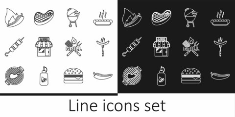 Set line Hot chili pepper pod, Sausage on the fork, Barbecue grill, shopping building, Grilled shish kebab, Crossed and spatula and Steak meat icon. Vector