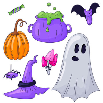 Set of vector isolated Halloween outline stickers. A bright cartoon image of a ghost, witch accessories, a pumpkin and a spider.