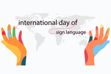 Vector design International day of sign language or World deaf day Colorful of hand with pink line on text and world map