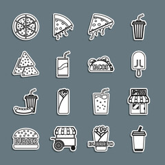 Set line Glass with water, Pizzeria building facade, Ice cream, Slice of pizza, Soda can drinking straw, Nachos, Pizza and Taco tortilla icon. Vector