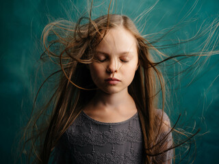 girl with closed eyes and loose hair close up isolated background