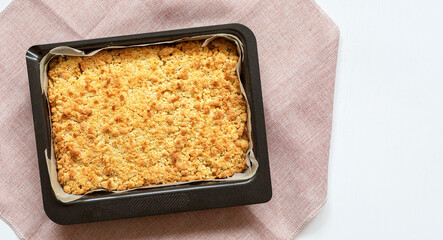 Shortcrust pie. Homemade baking. Top view. Copy space