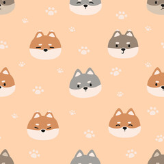 Cute animal cartoon seamless pattern with shiba inu japanese dog puppy head