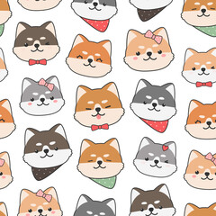 Fototapeta premium Cute animal cartoon seamless pattern with shiba inu japanese dog puppy head