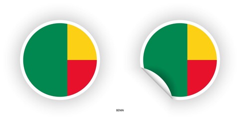 Benin sticker flag icon set in circle shape and circle shape with peel off at the corner on white background.