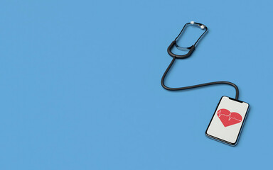 Realistic 3d render of stethoscope with mobile phone readout of heart for remote heart checkup by teledoctor