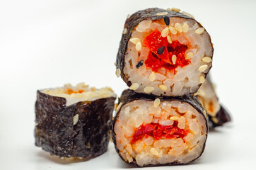 Closeup of  red pepper hosomaki roll, traditional Japanese food