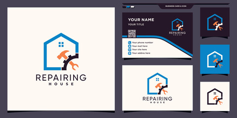 House repairing logo with creative concept and business card design Premium Vector