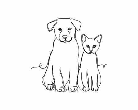 Continuous one line drawing logo dog puppy and kitty cat icon in silhouette on a white background. Linear stylized.