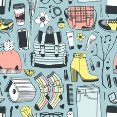Hand drawn fashion illustration. Creative ink art work. Actual vector drawing spring look. Seamless pattern with casual objects
