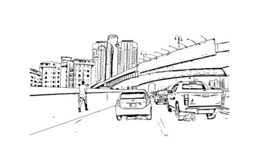 Building view with landmark of Karachi is the largest city in Pakistan. Hand drawn sketch illustration in vector.