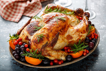 Roasted turkey or chicken for festive dinner for Thanksgiving or Christmas
