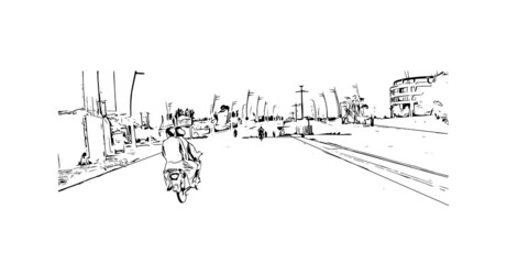 Building view with landmark of Karachi is the largest city in Pakistan. Hand drawn sketch illustration in vector.