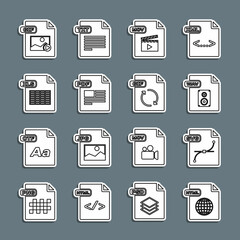 Set line HTML file document, SVG, WAV, MOV, PDF, XLS, GIF and icon. Vector