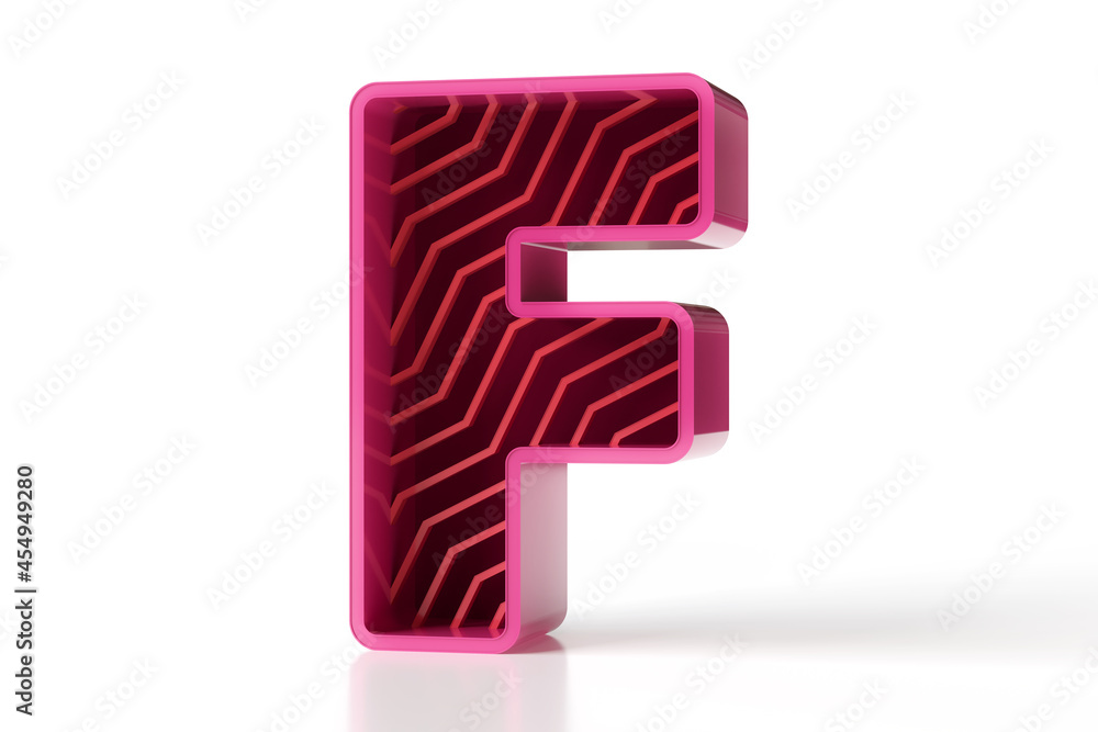 Poster letter f futuristic geometry style designed with extruded outlines and zigzag lines pattern. 3d mode
