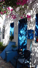 blue and white house. bougainvillea and white traditional building In Greek island of Koufonisi August 2021
