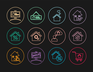 Set line Shopping cart with house, House dollar, heart shape, Search, percant, Hanging sign For Rent, Man dreaming about buying and Open icon. Vector