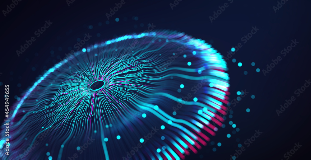 Poster Big Data concept. Digital neural network. Introduction of artificial intelligence. Cyberspace of future. Abstract business 3D illustration, shallow depth of field