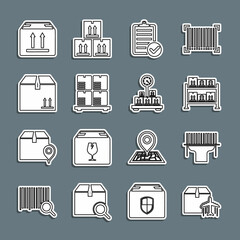 Set line Plane and cardboard box, Scanner scanning bar code, Warehouse, Verification of delivery list, Cardboard boxes pallet, with traffic, and Scale icon. Vector