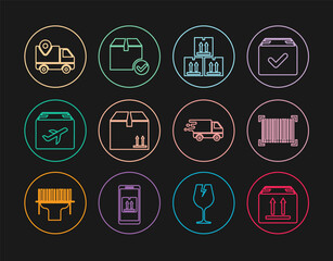 Set line Cardboard box with traffic, Barcode, Plane and cardboard, Delivery tracking, truck movement and Package check mark icon. Vector