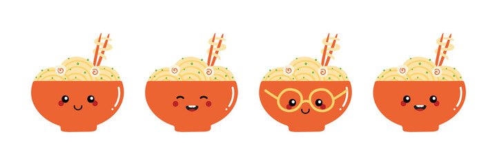 Set, collection of cute colorful cartoon style bowls of noodles, asian soup characters for food design.
