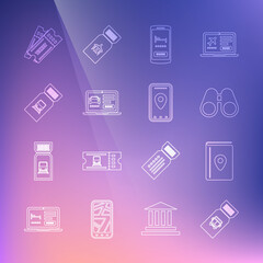 Set line Bus ticket, Cover book travel guide, Binoculars, Online hotel booking, car sharing, Train, Ticket and Infographic of city map icon. Vector