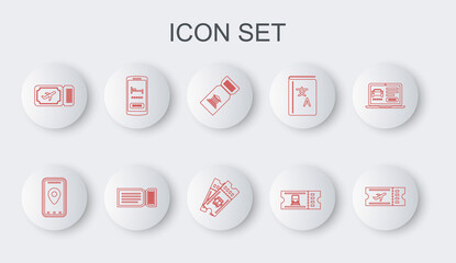 Set line Airline ticket, Infographic of city map, Museum, Train, Online hotel booking, Ticket and Bus icon. Vector