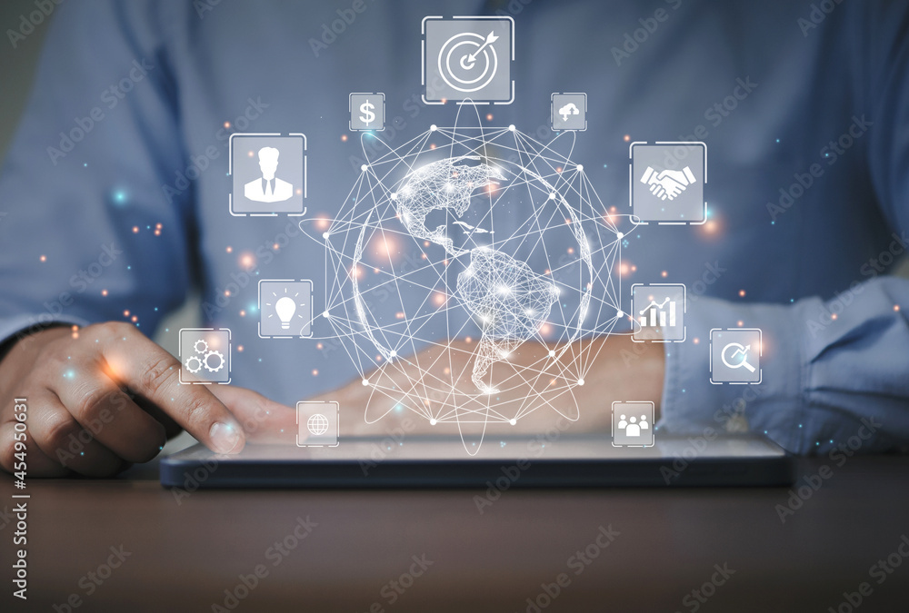 Aufkleber businessman using the tablet for analysis business global internet connection application technology
