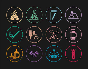 Set line Flashlight, Thermos container, Open matchbox and matches, Tourist tent, Burning with fire, Campfire, flag and icon. Vector