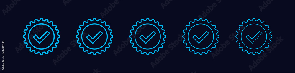 Poster set of approved icons line style. blue light check mark with circle shape sparkle star sticker label