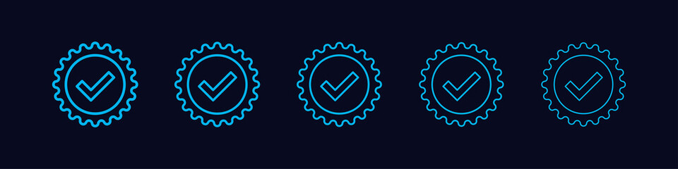 Set of Approved Icons Line Style. Blue Light Check Mark with Circle Shape Sparkle Star Sticker Label isolated on Dark Blue Background. Flat Vector Icon Design Elements For Web Templates.
