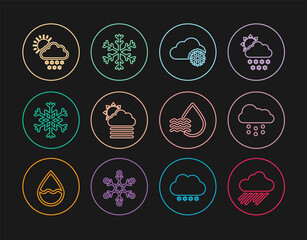 Set line Cloud with rain, snow, Fog and cloud sun, Snowflake, Water drop percentage and icon. Vector