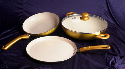 Pots and pans. Set of cooking kitchen utensils and cookware. 