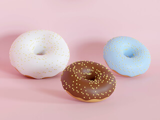 Donut with colorful sprinkles isolated on pink background 3d rendering