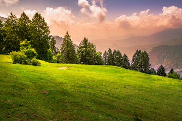 View enroute to Prashar Lake trekk trail. It is located at a height of 2730 m above sea level surrounded by lesser himalayas peaks of Shivalik and Pir panjal near Mandi, Himachal Pradesh, India.
