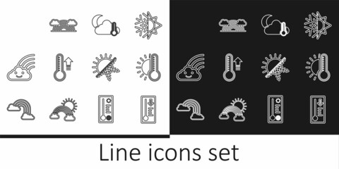Set line Meteorology thermometer, Thermometer with sun, and cloud, moon, Rainbow, Sun snowflake and clouds icon. Vector
