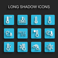 Set line Meteorology thermometer, Thermometer with snowflake, Rainbow clouds, Sun and, Kelvin, cloud, moon and icon. Vector