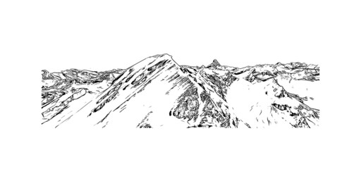 Building view with landmark of La Clusaz is the 
commune in France. Hand drawn sketch illustration in vector.