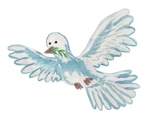 Vector illustration of a flying dove with a twig in its beak. Cartoon freehand drawing of a bird with outstretched wings stylized as a watercolor