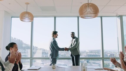 business people shaking hands in boardroom meeting successful corporate partnership deal with colleagues clapping hands welcoming opportunity for cooperation in office 4k