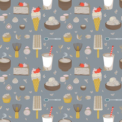 Seamless pattern with sweets on a gray background. Vector illustration of ice cream, cake, matcha drink and others in minimalistic flat style, hand drawing. Asian Dessert Kitchen Print for Textile