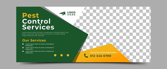 Pest control services horizontal banner template design. Modern promotion banner with a green and yellow background color.