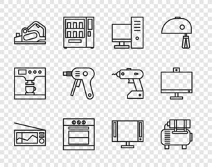 Set line Radio, Air compressor, Computer monitor, Oven, Electric planer tool, hot glue gun, Smart Tv and icon. Vector