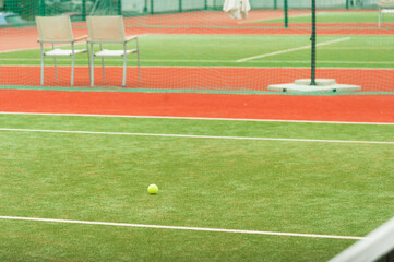 Fototapeta premium Empty green tennis court ready for competition, no people.