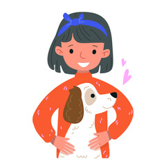 Cute cartoon girl in an orange sweater and a white dog. Funny stylized retriever. Vector illustration in kids style. Isolated funny clipart on a white background. Pretty woman and pet hostess print.