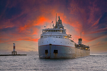 Large freighter entering a Holland Michigan harbor at sunset time - obrazy, fototapety, plakaty