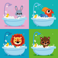 A set of animals that are washed while sitting in the bathroom under the shower. Rabbit, parrot, lion and bear take care of cleanliness and hygiene. Vector character art in cartoon kids style