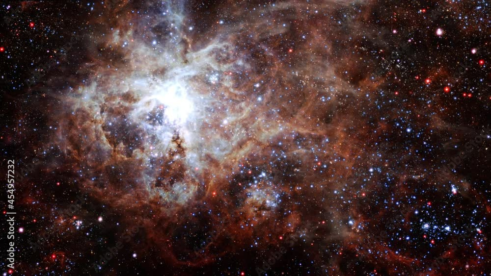 Poster loop space travel the tarantula nebula. space flight to star field galaxy and nebulae deep space exp